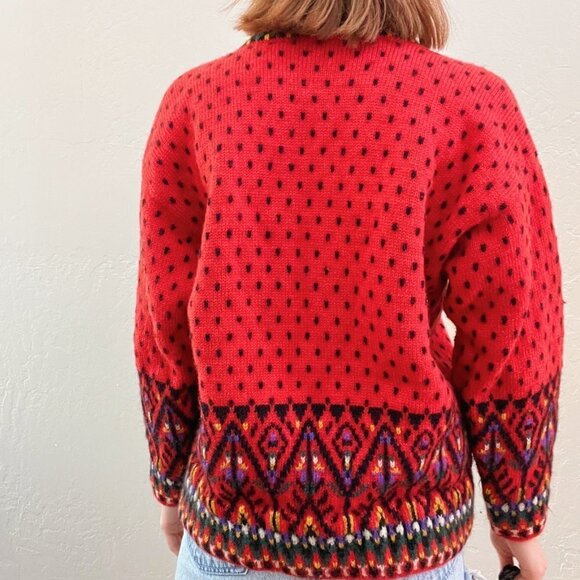 Vintage 1980s/90s Red Chunky Knit Fair Isle Cardigan Sweater - Picture 4 of 6